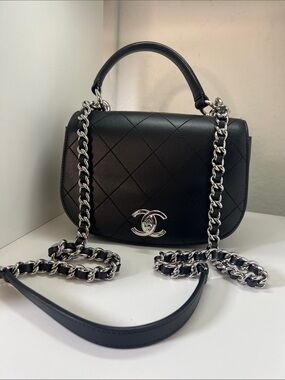 CHANEL Black Too Handle Calfskin Chanel Ring My Bag flap Quilted crossbody